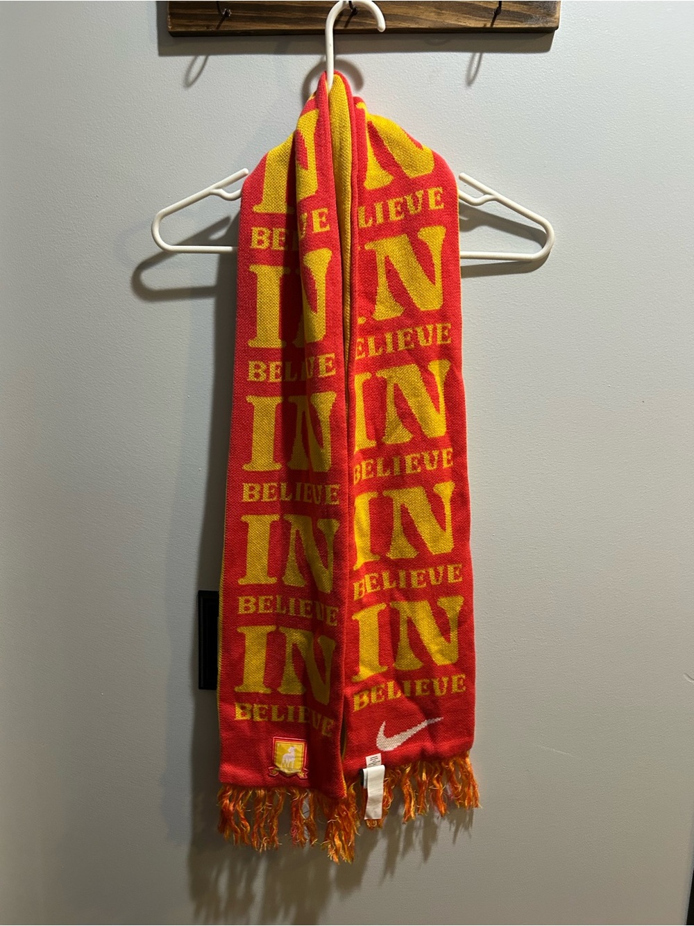 Nike Red and Yellow 'Believe' Knit Scarf with Fringe